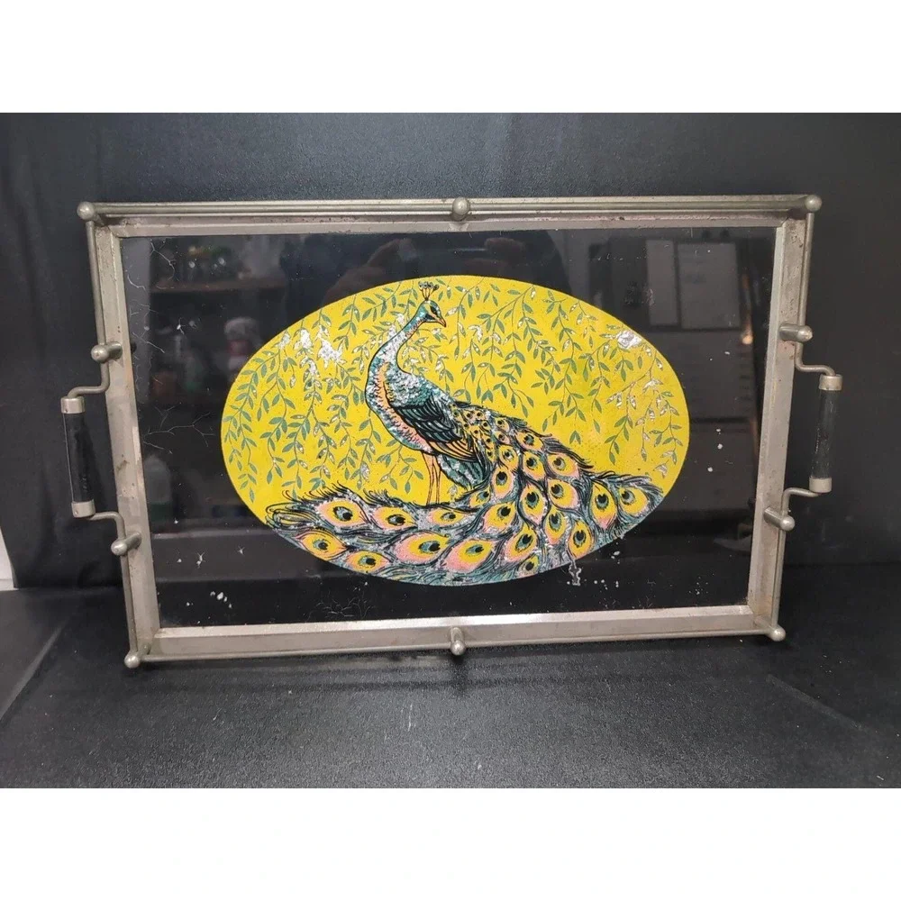 Peacock Serving Tray with Gold Foil Backing, Vintage Reverse Painted Carrier - Picture 3 of 10